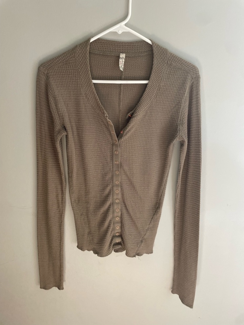 Free People Taupe Waffle Snap-Front Long Sleeve Top Size Small